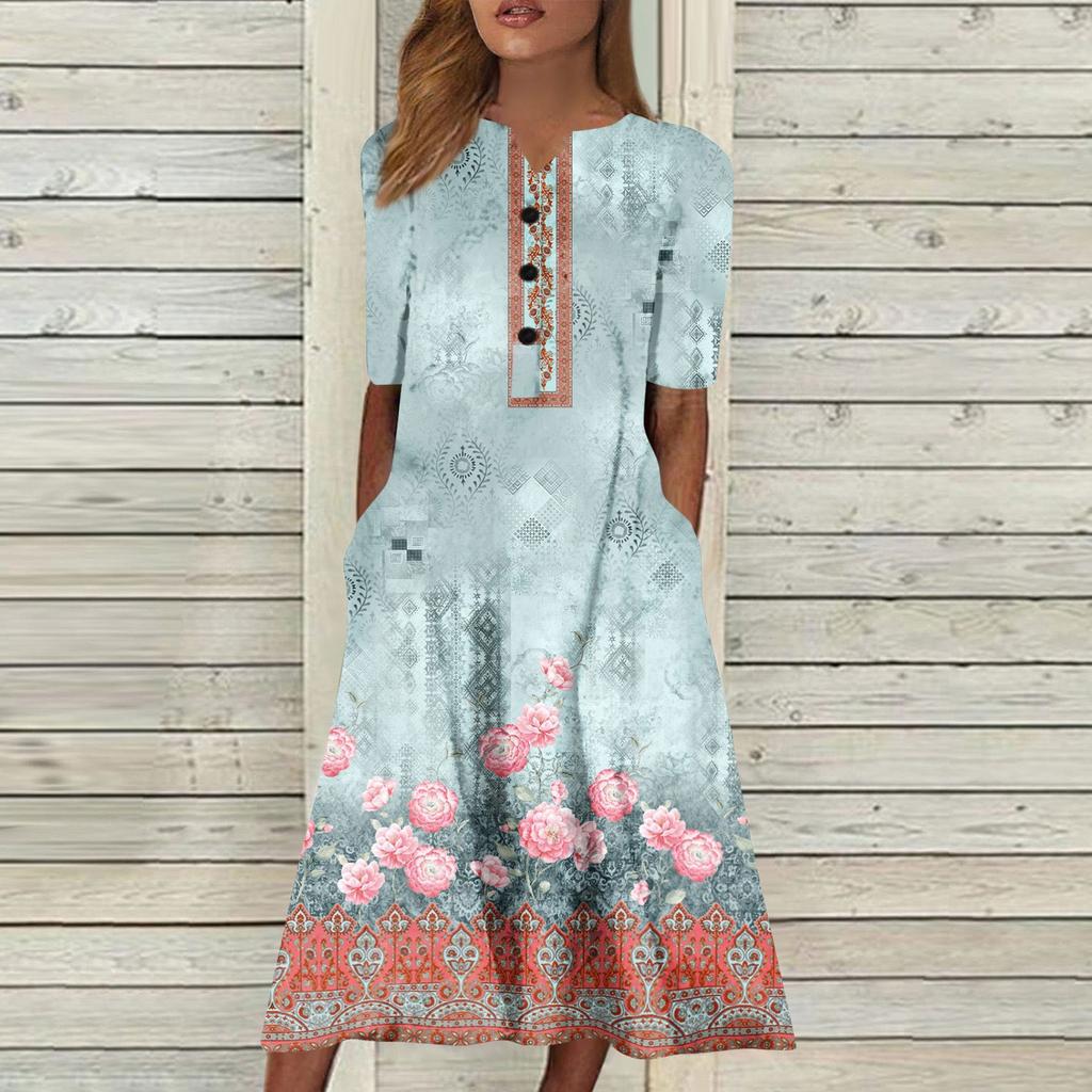 Women's Summer Casual Printing Fashion V-neck Short Sleeved Beach Swing Skirt