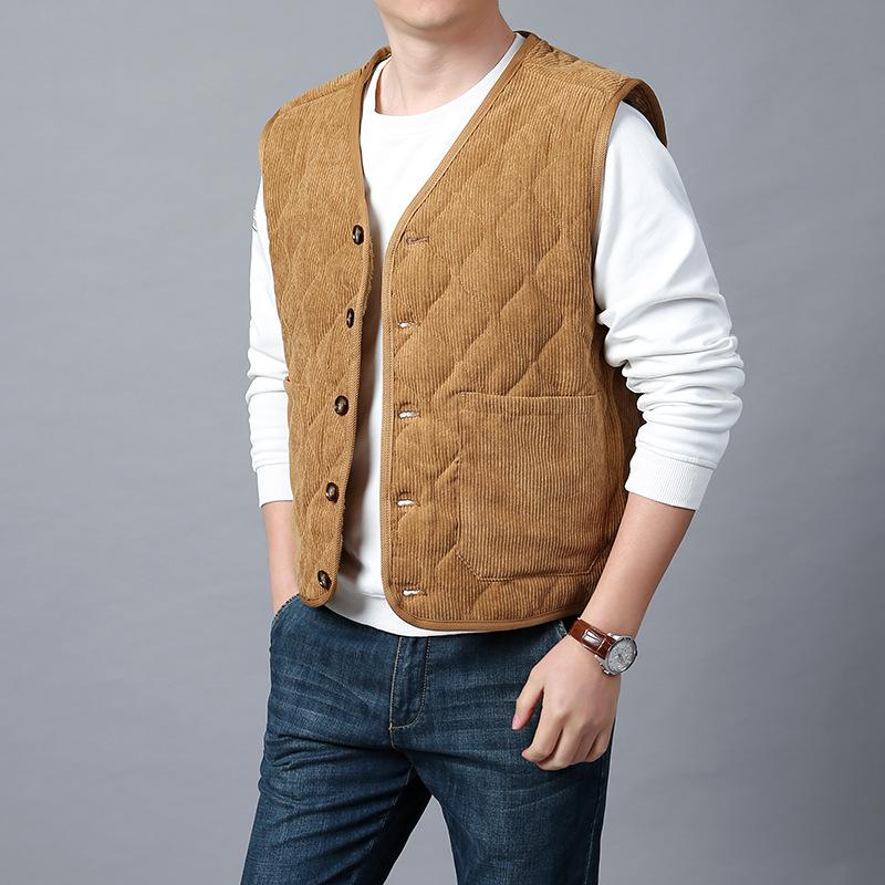 Autumn Winter Padded Warm Vest Men's Diamond Check Shoulder Undershirt Workwear Corduroy V Neck Jackets Men Clothing Large Size