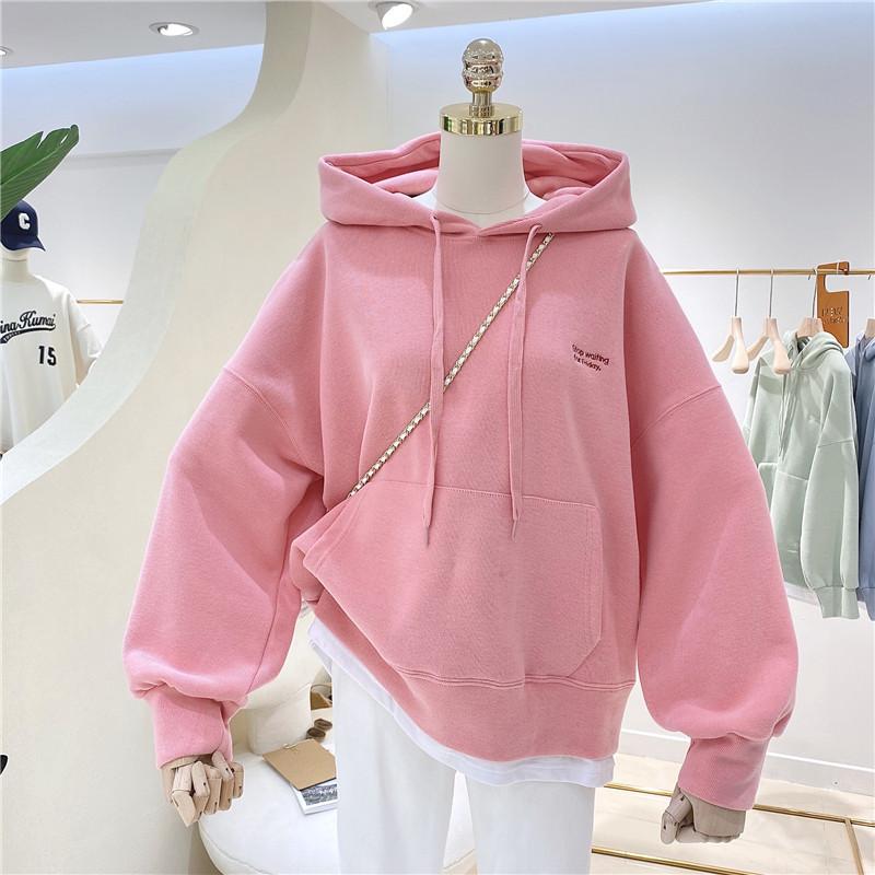 Autumn and Winter Women's Solid Hoodies Sweatshirts Loose Long Sleeve Tops Casual Sporty Thick Warm Ladies Pockets Hooded Pullover Sweatshirt