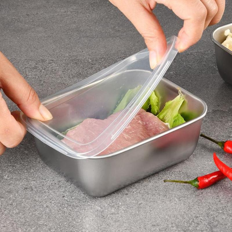 Контейнер для хранения продуктов в холодильнике из нержавеющей стали с пластиковой крышкой. Контейнер для сохранения свежести продуктов. Ланч-бокс для пикника.