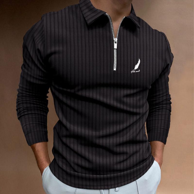Spring and Autumn Men's Striped Printed Zipper Long Sleeve Collar Polo Shirt Breathable and Comfortable Daily Men's Top