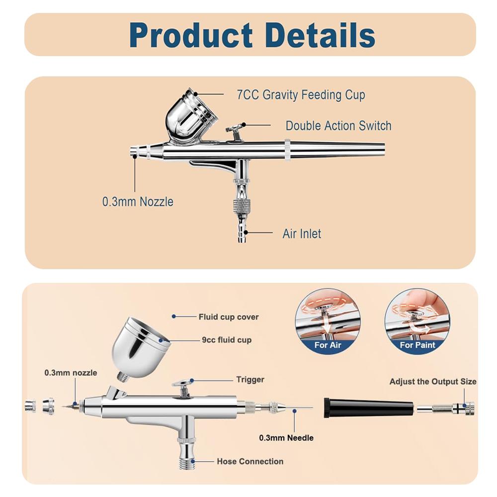 Аэрограф двойного действия, 0,3 мм сопла, гравитационная подача, набор распылителя для моделирования, торта, ногтей, покраски автомобилей, красоты, инструмент для струйной печати