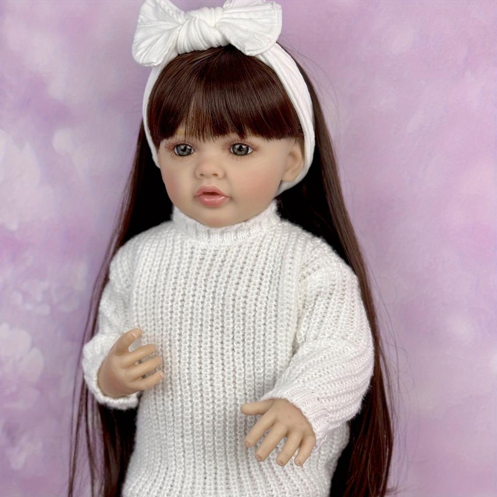 Кукла-реборн BZDOLL 55 см (22 дюйма) с полностью виниловым телом, девочка, в нарядном платье, с длинными каштановыми волосами, принцесса, малышка, прекрасный подарок на день рождения, игрушка ручной работы.