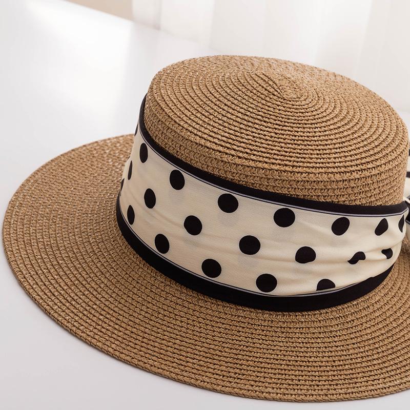 Модная соломенная шляпа в горошек для женщин, солнцезащитная праздничная пляжная шляпа, белая французская шляпа с плоским верхом, женская шляпа-бантик