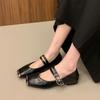 Metal Square Head Shallow Mouth Single Shoes Women's 2025 Spring New Retro One-word Belt Mary Jane Soft-soled Small Leather Shoes