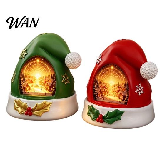 Cute Christmas Desk Accessory Hat Ornament with Light, Resin Festive Holiday Figurine, Lamp Glittering Seasonal Craft for Living Room Window