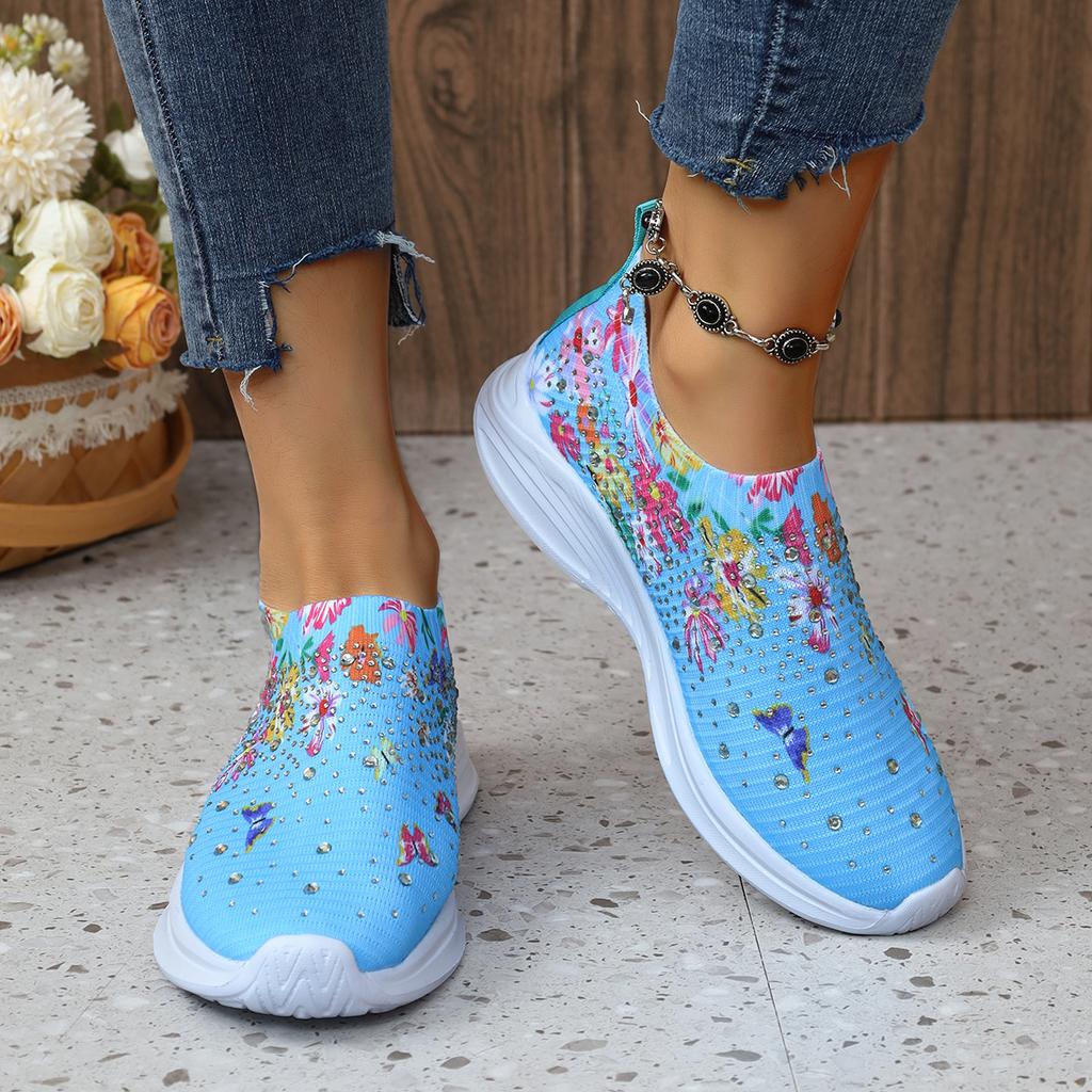 Fashion Flower Print Knitted Sneakers Women Shiny Crystal Breathable Walking Shoes Woman Plus Size 43 Casual Non-Slip Sock Shoes Ladies