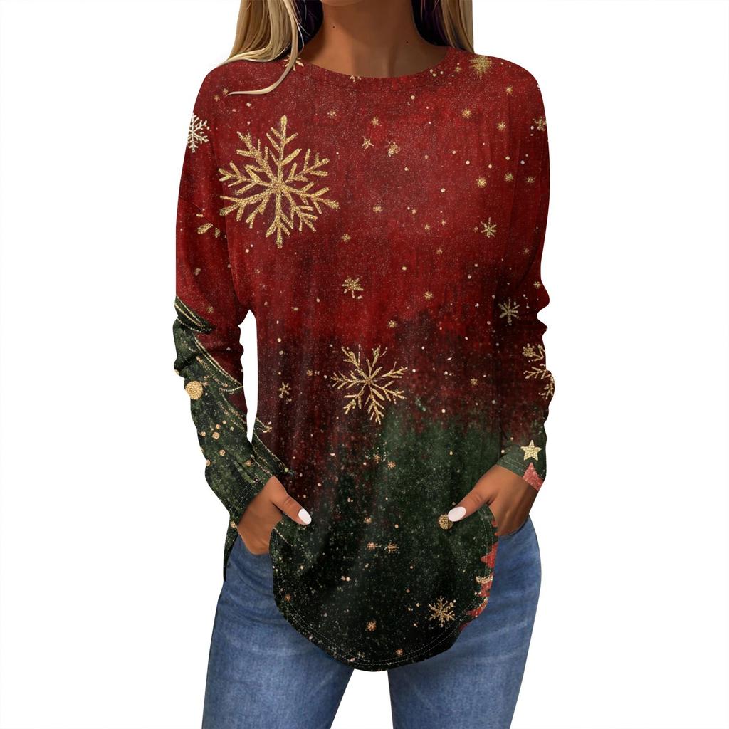Женская свободная футболка с круглым вырезом и длинными рукавами с принтом в стиле ретро, пуловер на Рождество