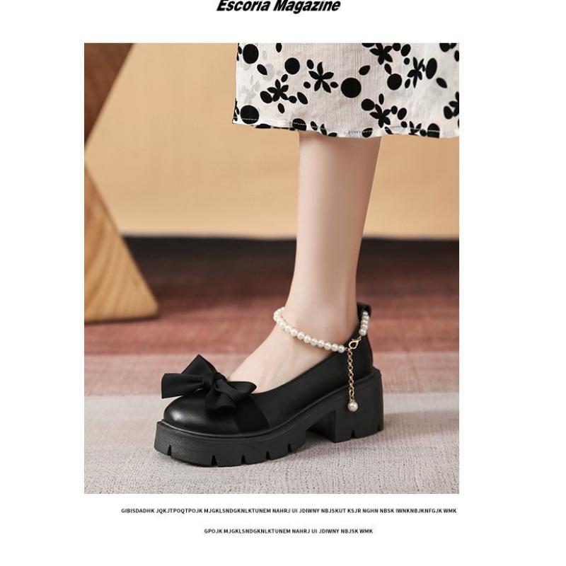 Кожаные туфли, женские туфли Мэри Джейн на толстом французском толстом каблуке с жемчужным бантом и одинарной обувью