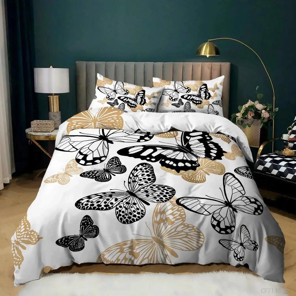 Gold Butterfly Duvet Cover Set for Girls Gold and White Butterflies Bedding Sets Flying Butterfly Black Luxury Comforter Cover