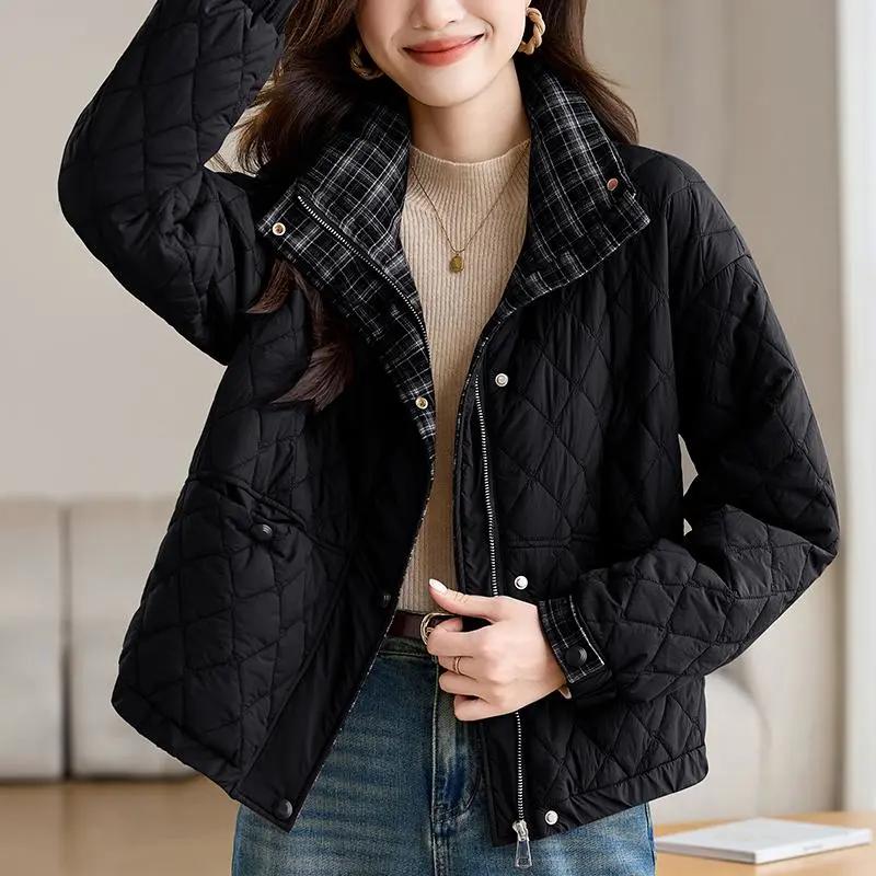 Women's Winter Stand-up Collar Diamond-shaped Grid Thin Cotton-padded Jacket, Autumn and Winter Loose Warm Jacket
