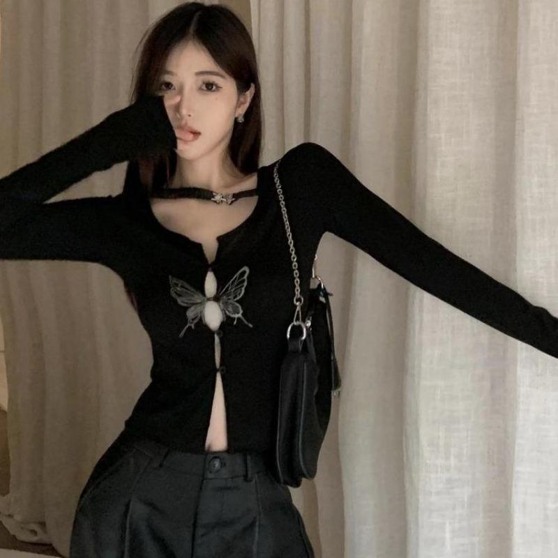 2KWEIRD Gothic Butterfly Print T-shirt Grunge Fairycore Hollow Out Crop Tops Japanese Harajuku Slim Tshirt Y2k Aesthetics Dark