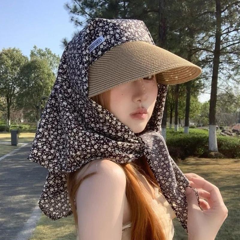 Солнцезащитная шляпа с шарфом, широкополая летняя пляжная шляпа с защитой от ультрафиолета, женская шляпа-хиджаб от солнца, кепка в стиле бохо-шик от солнца