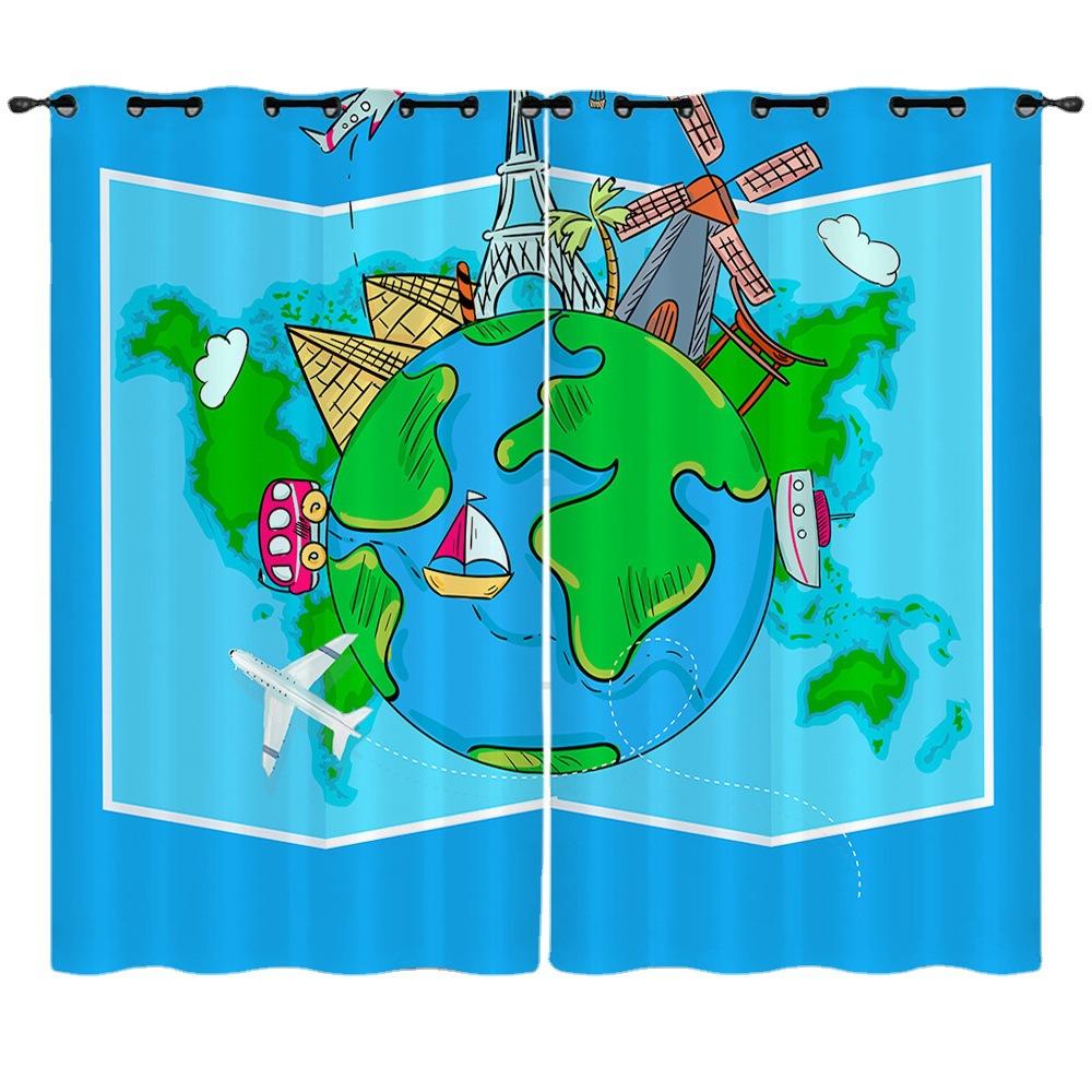Curtain Hand-Drawn Map Simple Wind 3D Digital Printing Blackout Curtain Punching