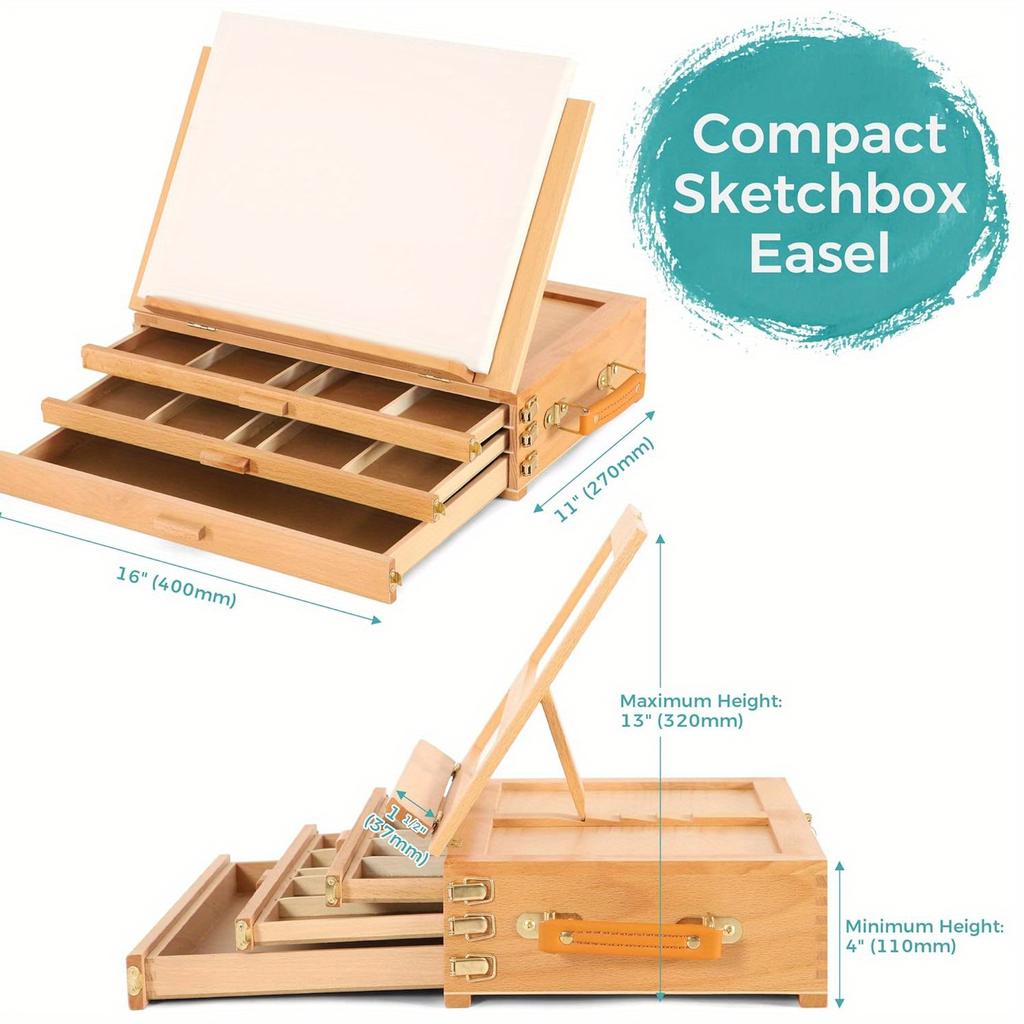 1 or 3 Layers 1pc Portable Wood Artist Painting Easel with Fold Down,drawer Can Store Brush&paint box,Outdoor Sketching Stand with Handle.