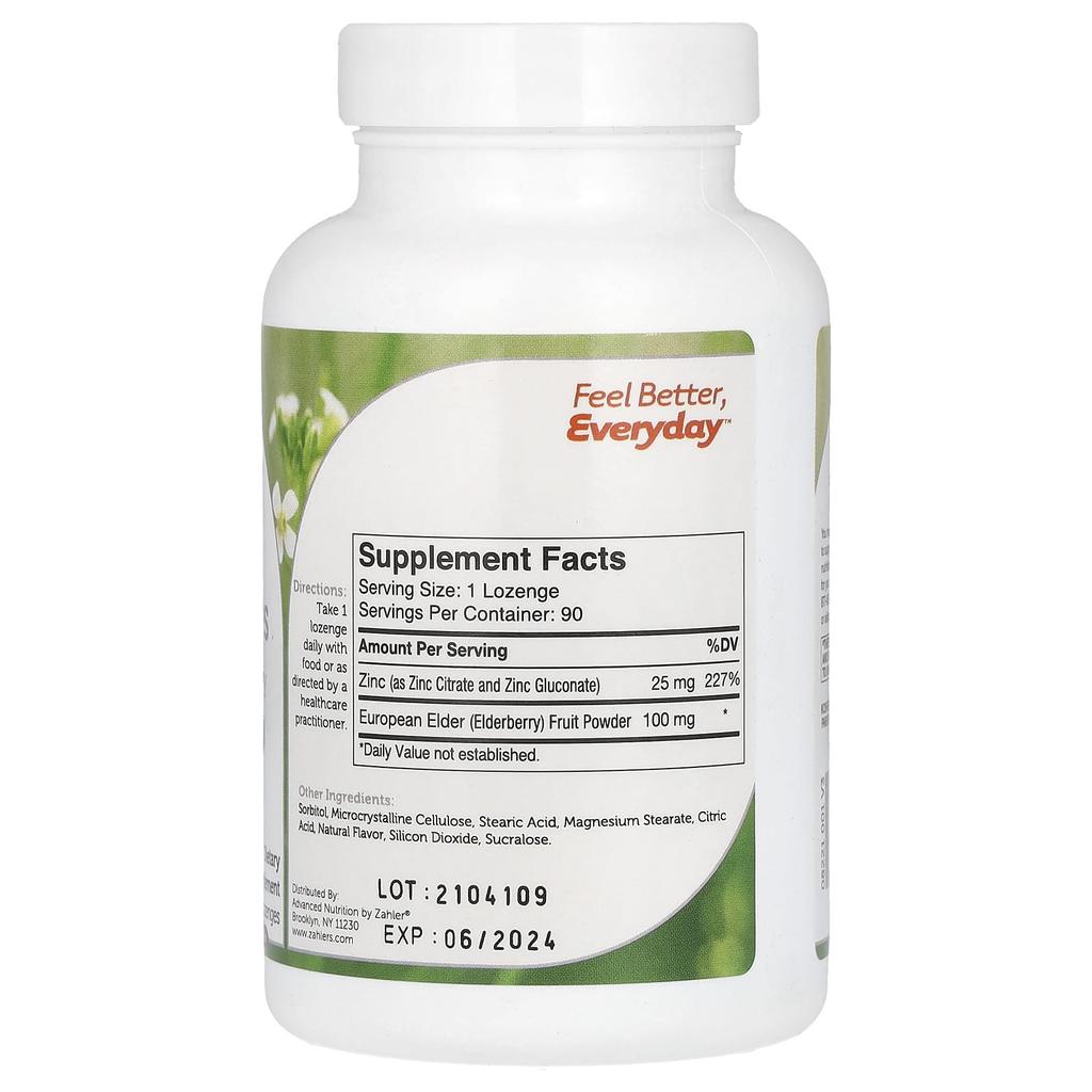 Zinc Lozenges, Bioactive Zinc & Elderberry, Elderberry, Lozenges 90 Tablets