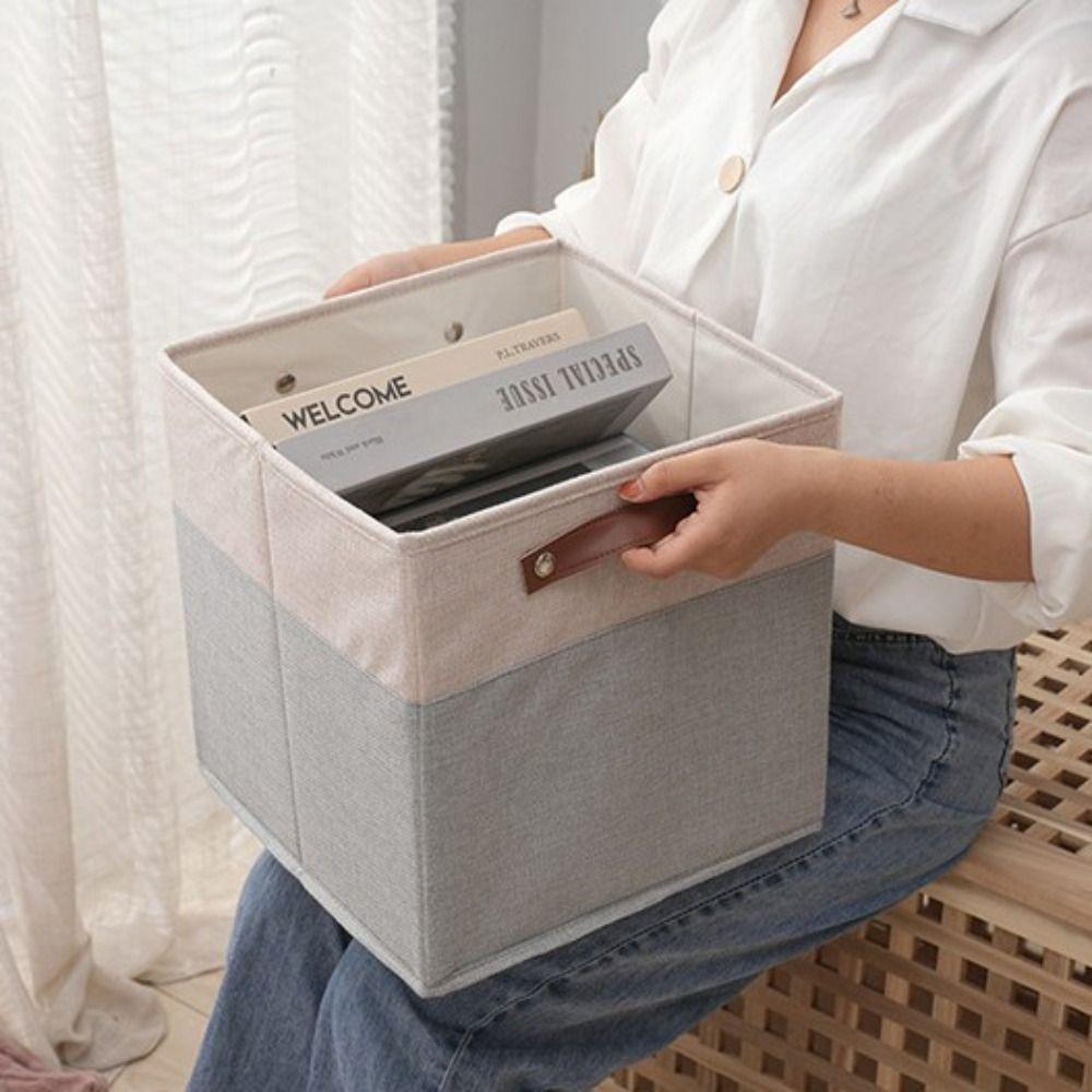 Large Capacity Linen Fabric Storage Basket Side Handles Toys Sorting Box Desktop