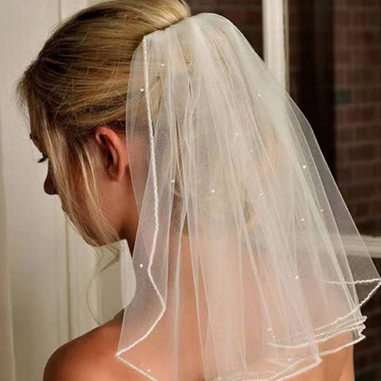 Bachelorette Party Double Layer Tulle Veil with Comb - Short Bridal & Bridesmaid Vintage Pearl Decoration