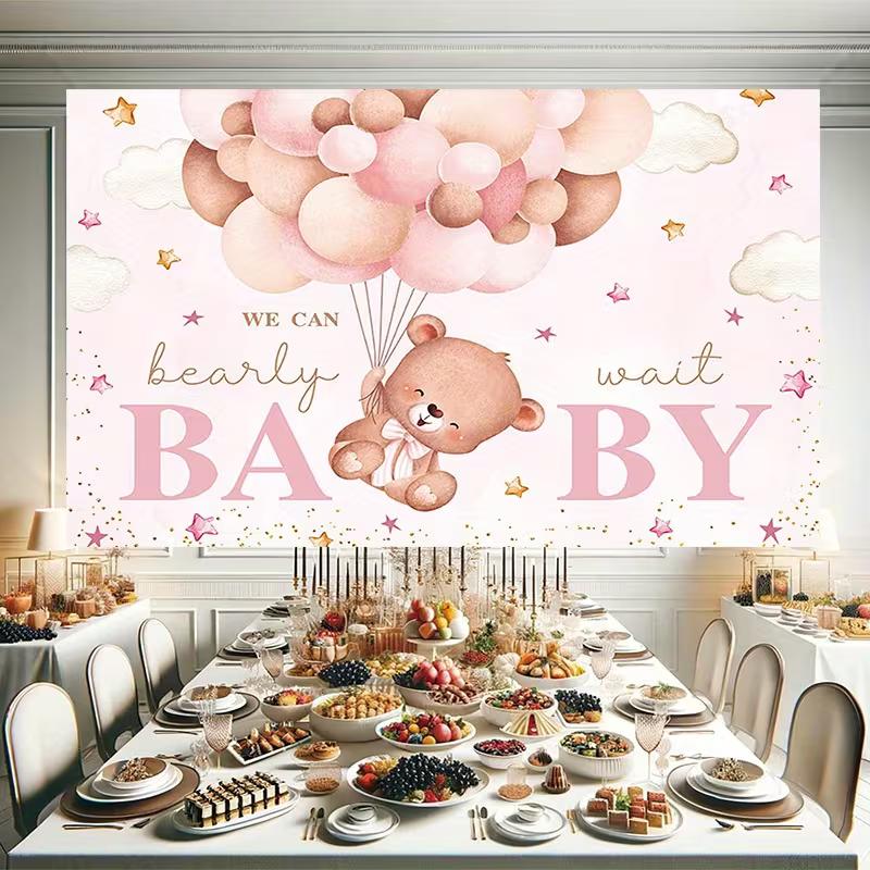 2D We Can Bearly Wait Baby Shower Backdrop Pink Bear and Balloons Photography Background