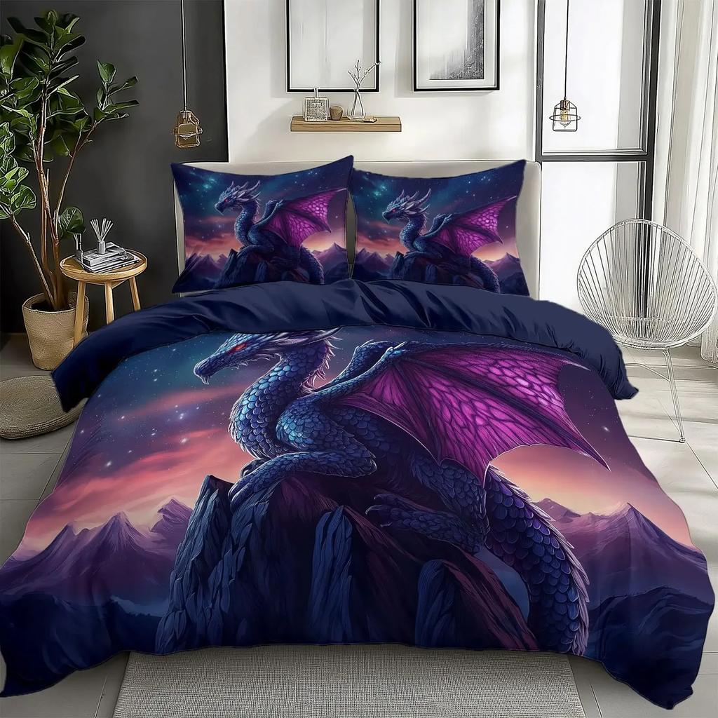 Magic Flying Dragon Duvet Cover Set Bright Colorful Fly Dragon Wildlife Kids Comforter Cover Outer Space Galaxy Men Bedding Set