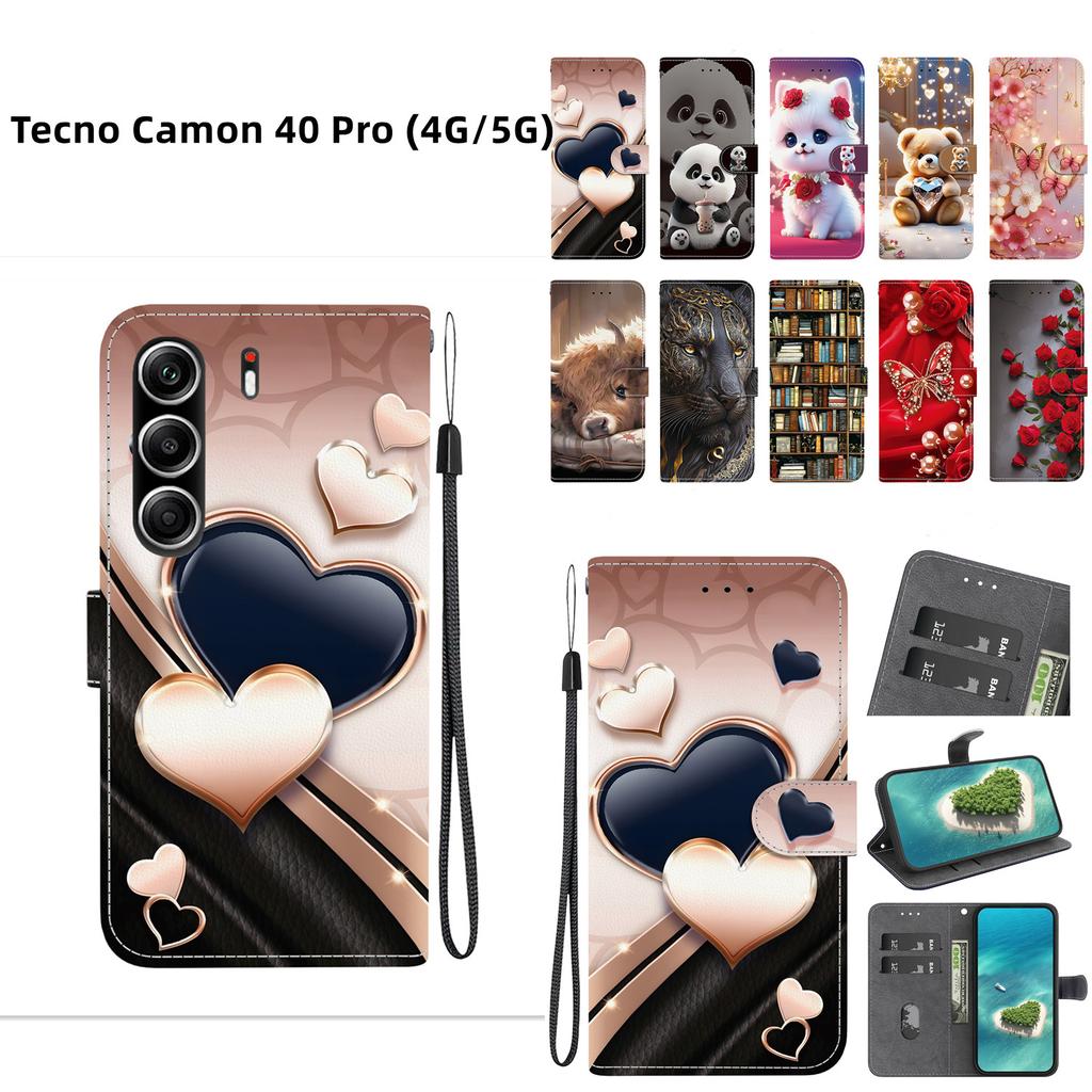 Чехол-книжка из искусственной кожи ручной работы для Tecno Camon 40 Pro (4G/5G) Противоскользящий ударопрочный чехол с ремешком на запястье и дизайнами в виде сердец/роз и кошек