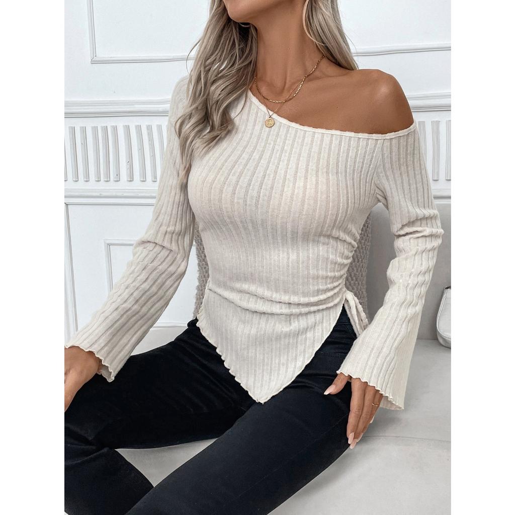 Fall Women's Off-shoulder Flare Sleeve Irregular Lace-up Knit Top