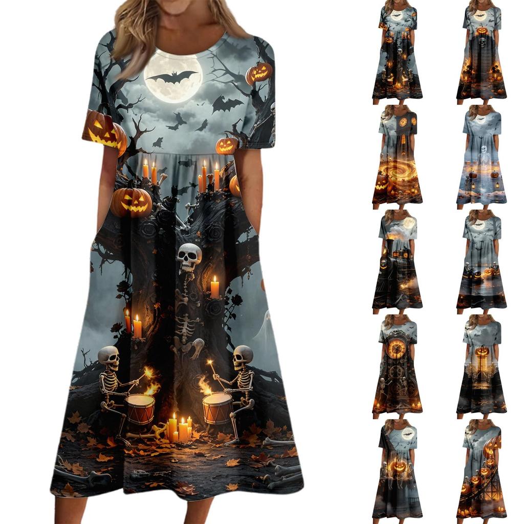 Женское повседневное платье с круглым вырезом и карманами с принтом на Хэллоуин