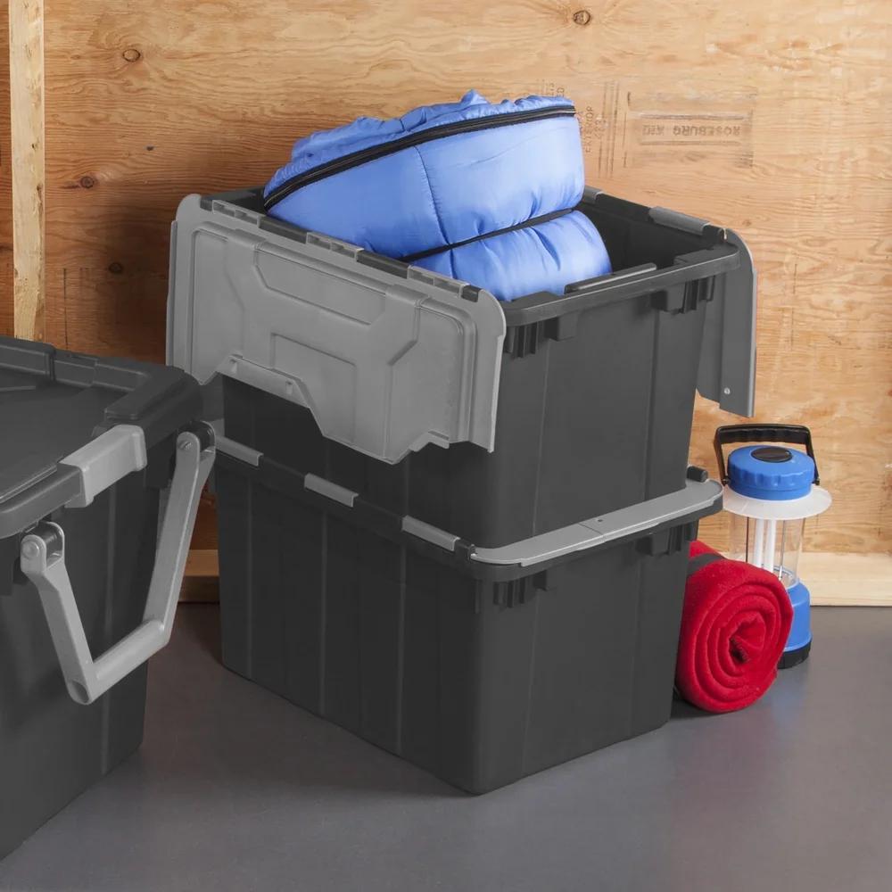 12 Gallon Industrial Tote Heavy Duty Hinged Lid Storage Container Stackable with Handles Zip Tie Access Garage Basement