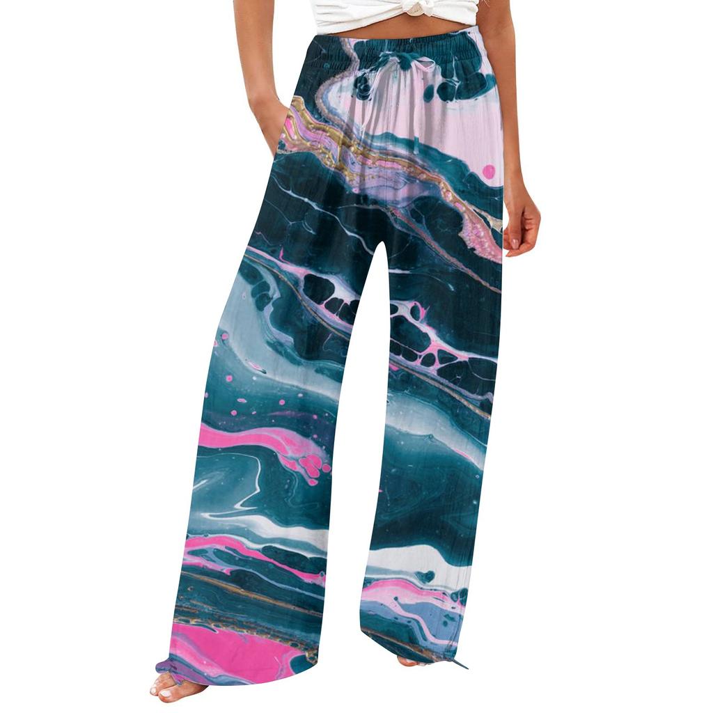 Брюки для женщин. Летние струящиеся брюки с высокой талией и широкими штанинами с принтом. Повседневные брюки.