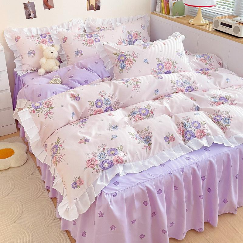 Юбка для кровати принцессы, простыня из четырех частей для девочек, кружевное одеяло, покрывало, постельное белье