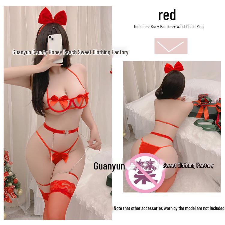 Christmas Holiday Lingerie Set: Underwire Bow Bikini & Garter