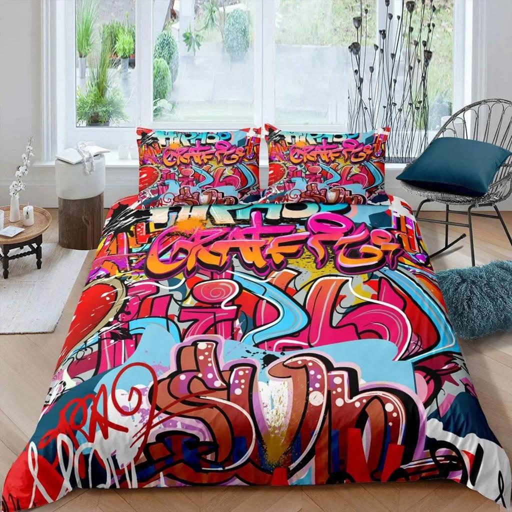 Rock Music Graffiti Duvet Set, Hip Hop Art Bedroom Supplies Quilt Set Three-Piece Set