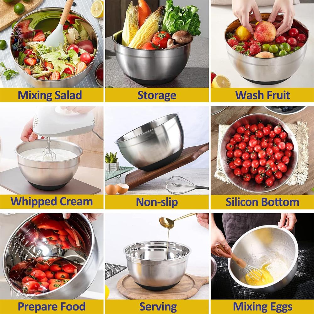 LMETJMA 6 шт. миски для смешивания из нержавеющей стали с черными крышками, кухонная вложенная миска для смешивания салата с нескользящим силиконовым дном JT327