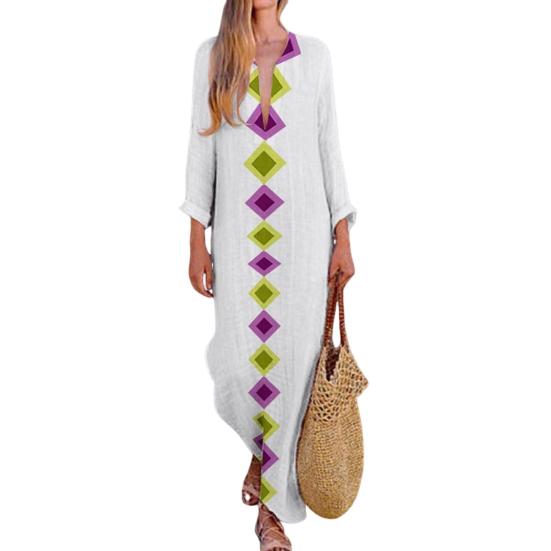 Женское осенне-весеннее платье с V-образным вырезом, нерегулярным подолом, цветочным принтом и длинными рукавами, свободное с разрезом по бокам, повседневное пляжное платье макси в этническом стиле