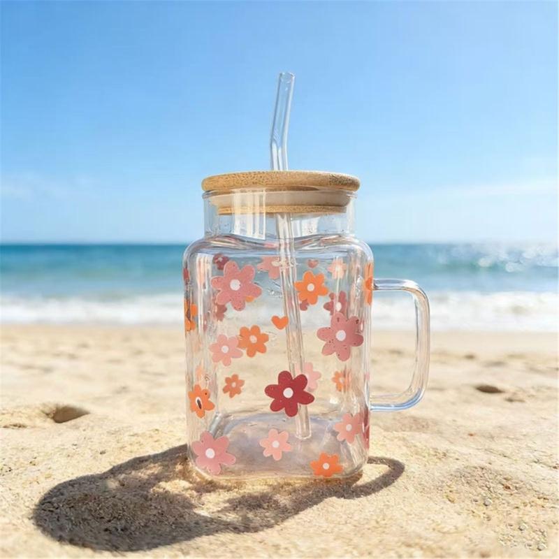 Premium Glass Tumblers With Ergonomic Handle And Straw Wooden Lid For Hot and Cold Drink Juice Coffee Tea Drinking Mug