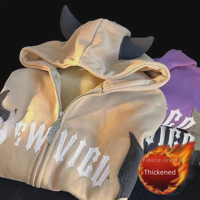 Куртка-свитер с капюшоном и бархатным узором Devil Horn для пары - Зимний нишевый дизайн