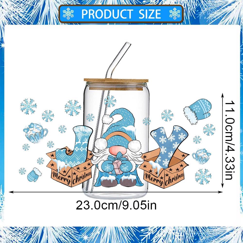 5PCS Christmas UV DTF Cup Wraps Blue Snowman Dwarf Uvdtf Transfer Stickers for 16oz Glass Cup Winter Xmas Tree Snowflake Gingerbread Man Design No Hea