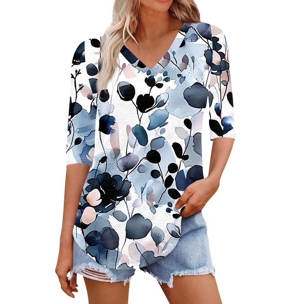 Рубашки для женщин Модные футболки с V-образным вырезом Повседневные блузки с принтом Топы с коротким рукавом для женщин
