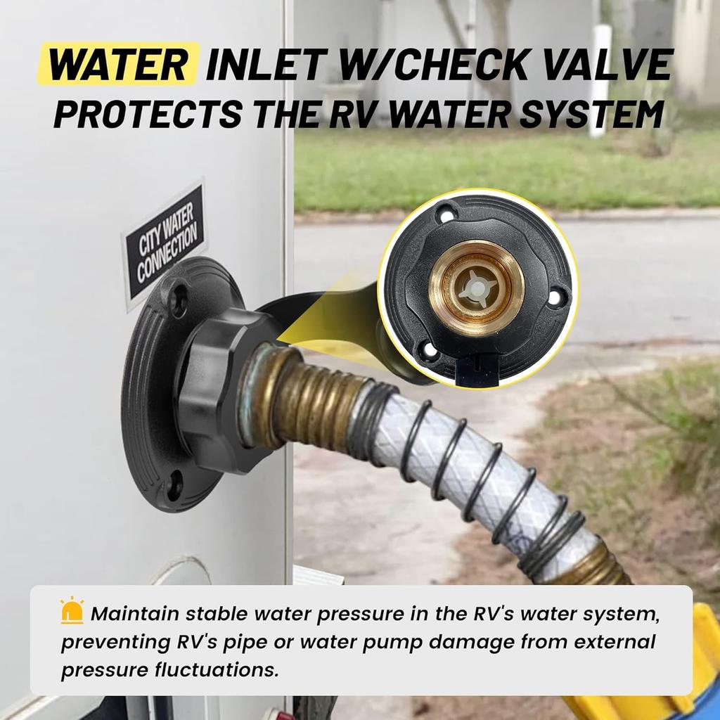 Oyviny RV City Water Inlet With Check Valve, Lead-Free Brass RV Fresh Water Inlet 3/4 NH Female To 1/2 NPT Male Connection, Water Fill Inlet Flange