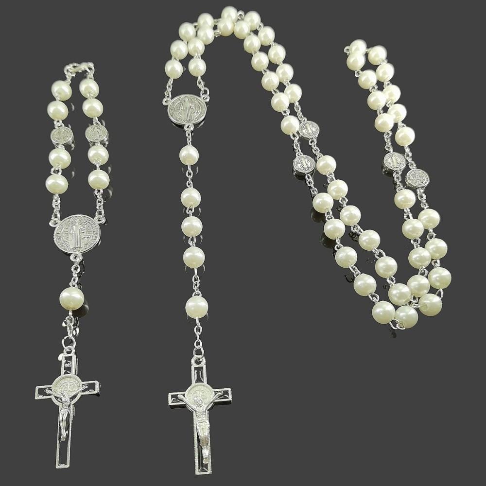Long Religious Jewelry Set Imitation Pearl Christian Bracelet Cross Pendant Necklace Daily Wear
