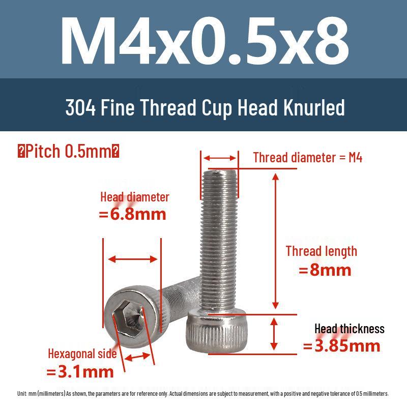 Yigu Fine Thread Knurled Socket Head Screws, 304 Stainless Steel, M3-M12