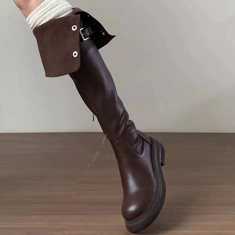 Зимние женские сапоги выше колена, модные женские элегантные ботильоны без шнуровки на низком каблуке, длинные ботильоны с пряжкой на ремне, женские рыцарские ботильоны