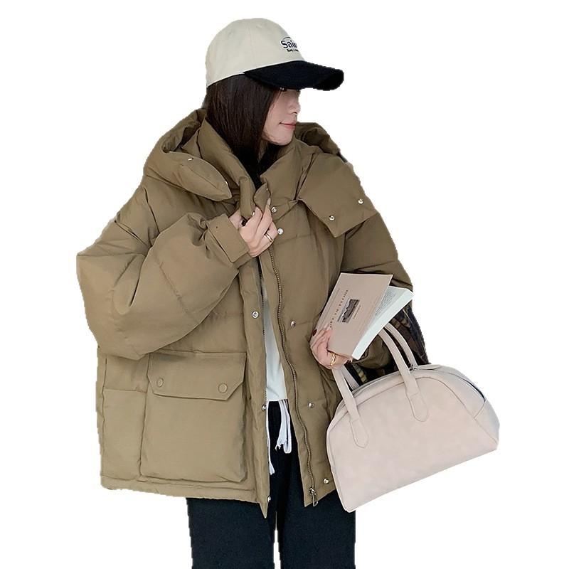 This year, down cotton clothes are popular for women's winter hooded tooling, Hong Kong style thickened short cotton-padded jackets, trendy women.