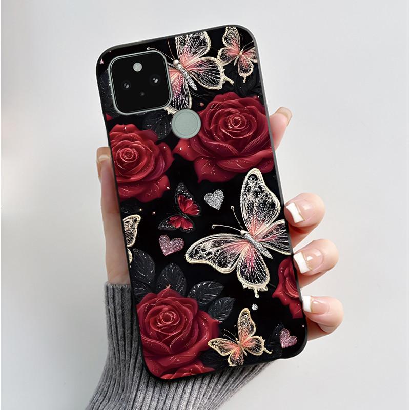 Силиконовый чехол для Google Pixel 5 Pixel 5A Pixel5 Pixel5A Мягкий чехол Роскошная мода Бабочки Цветы Нарисованный Черный чехол для телефона