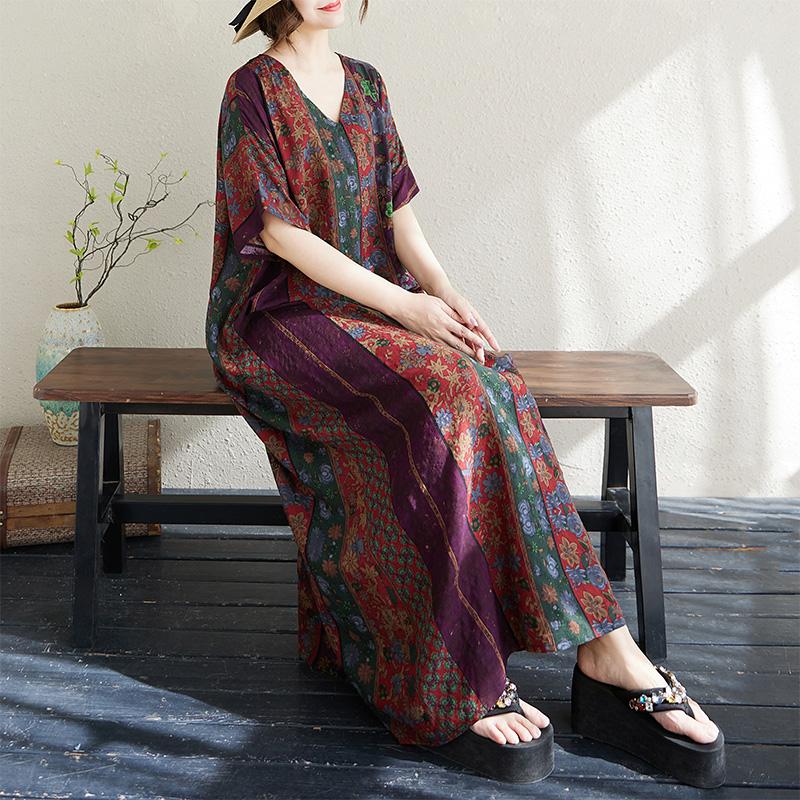 Dimanaf 2025 Plus Size Summer Women Long Dress Oversized Vintage Casual Floral Printing V-Neck Basic Loose Dress