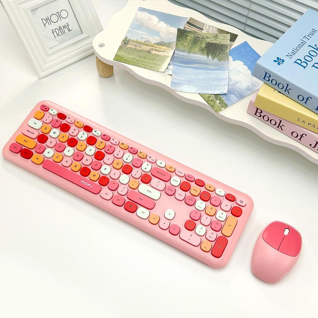 Mofii Беспроводная мышь и клавиатура, набор круглых клавиш, цветная клавиатура, женская офисная беспроводная клавиатура, полноразмерная клавиатура для пишущей машинки