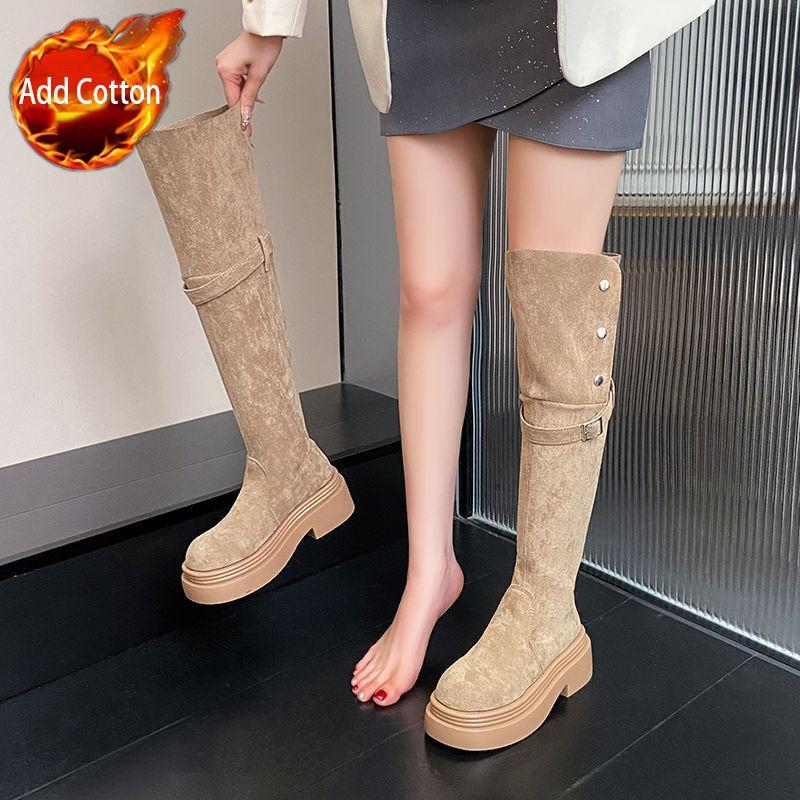 Platform Women's Thigh High Boots Autumn Winter Fleece-Lined Round Toe Ladies Above Over The Knee Shoes 2025 New Trend Footwear
