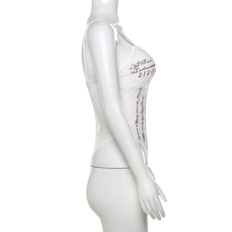 2024 Осень Женский Городской Шик Однотонный Кружевной Боди с Текстовыми Акцентами