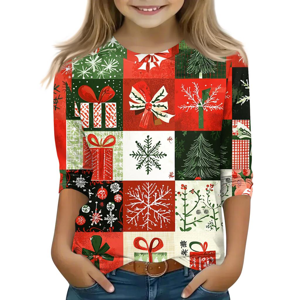 Christmas Day Print Tops For Youth Girls 4-11 Years Round Neck 3/4 Sleeves T-Shirts Trendy Tops Outfit Tees
