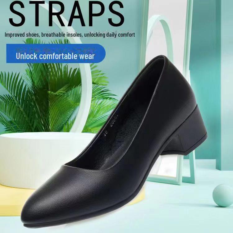 Женские черные кожаные рабочие туфли, удобный толстый каблук, мягкая кожа, подходят для любого сезона, доступны большие размеры.